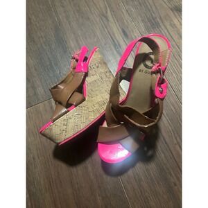 G by GUESS Womens Neon Pink and Brown Cork Platform Wedge Sandals Size 6.5M